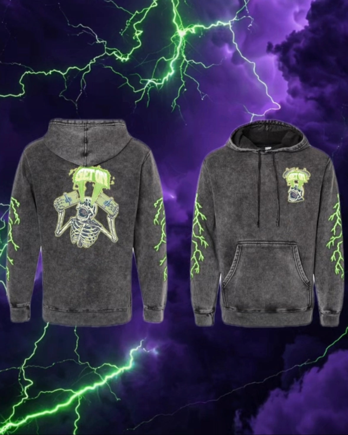 Black and Gray Skeleton Mineral Wash Hoodie